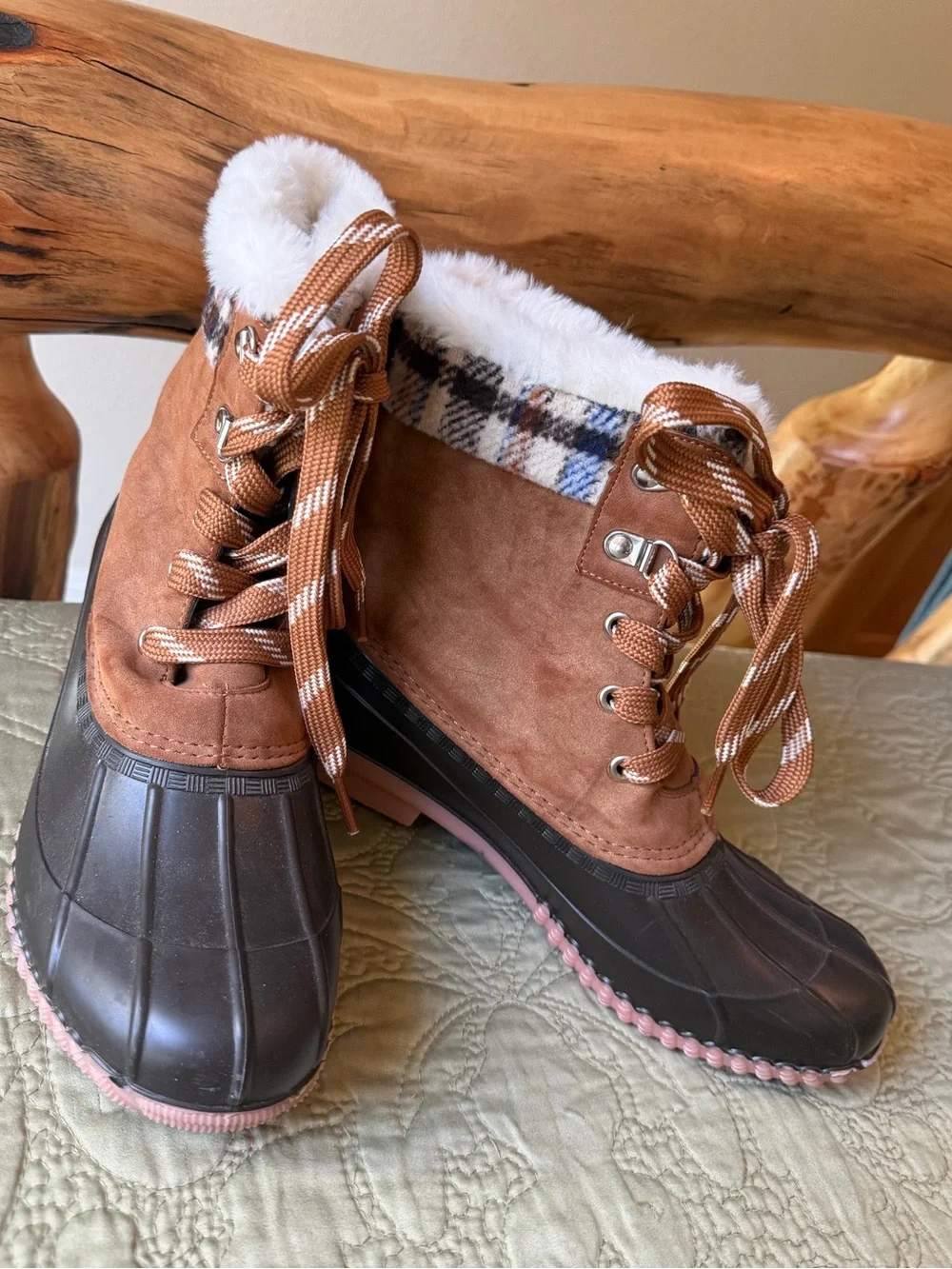 Faux Suede Duck Boots Plaid Faux Fur Lined Winter Snow Boots Size 8